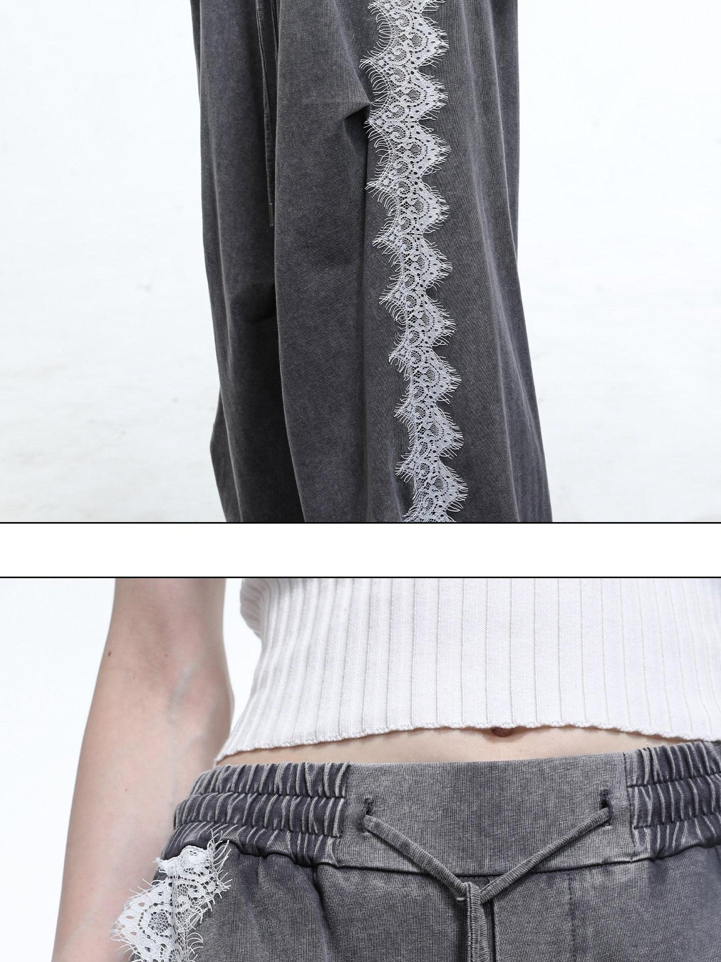 NORTH NODE Washed Casual Lace Panel Elastic Waist Women&