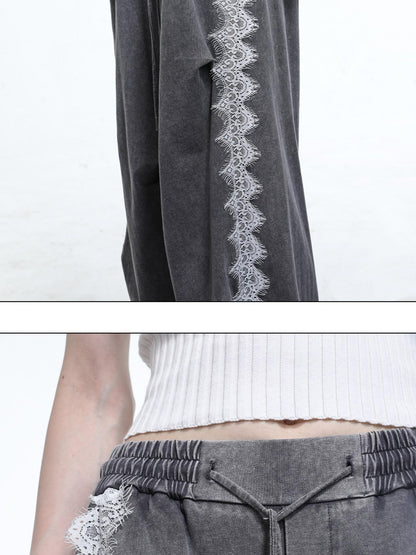 NORTH NODE Washed Casual Lace Panel Elastic Waist Women&