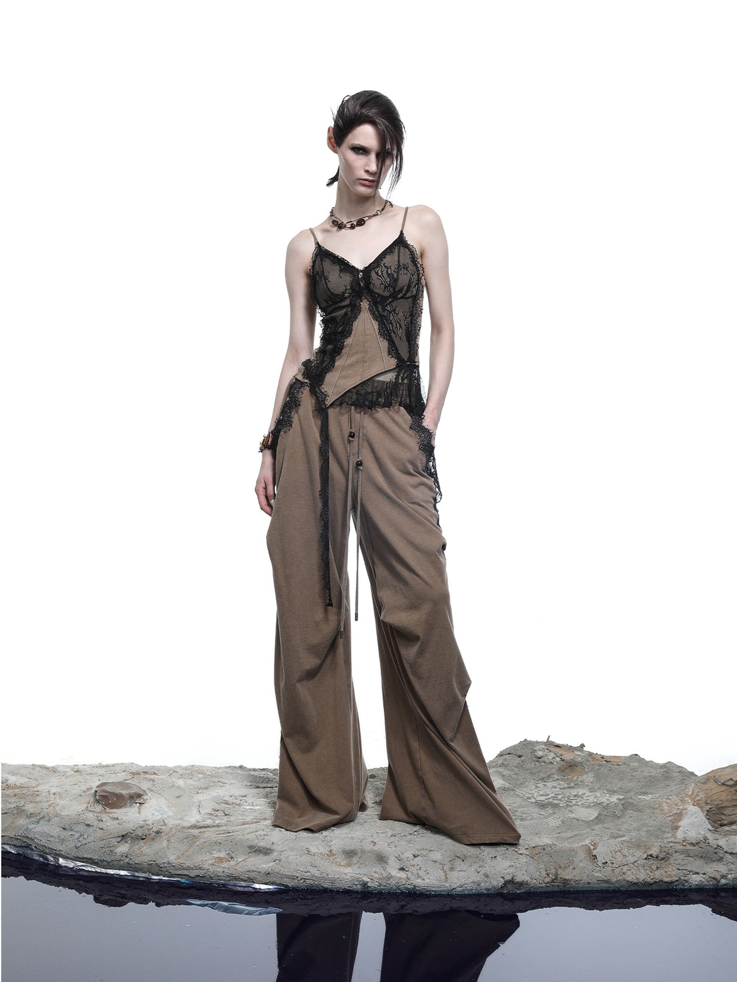 NORTH NODE Washed Casual Lace Panel Elastic Waist Women&