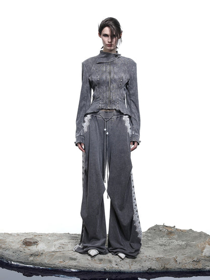 NORTH NODE Washed Casual Lace Panel Elastic Waist Women&