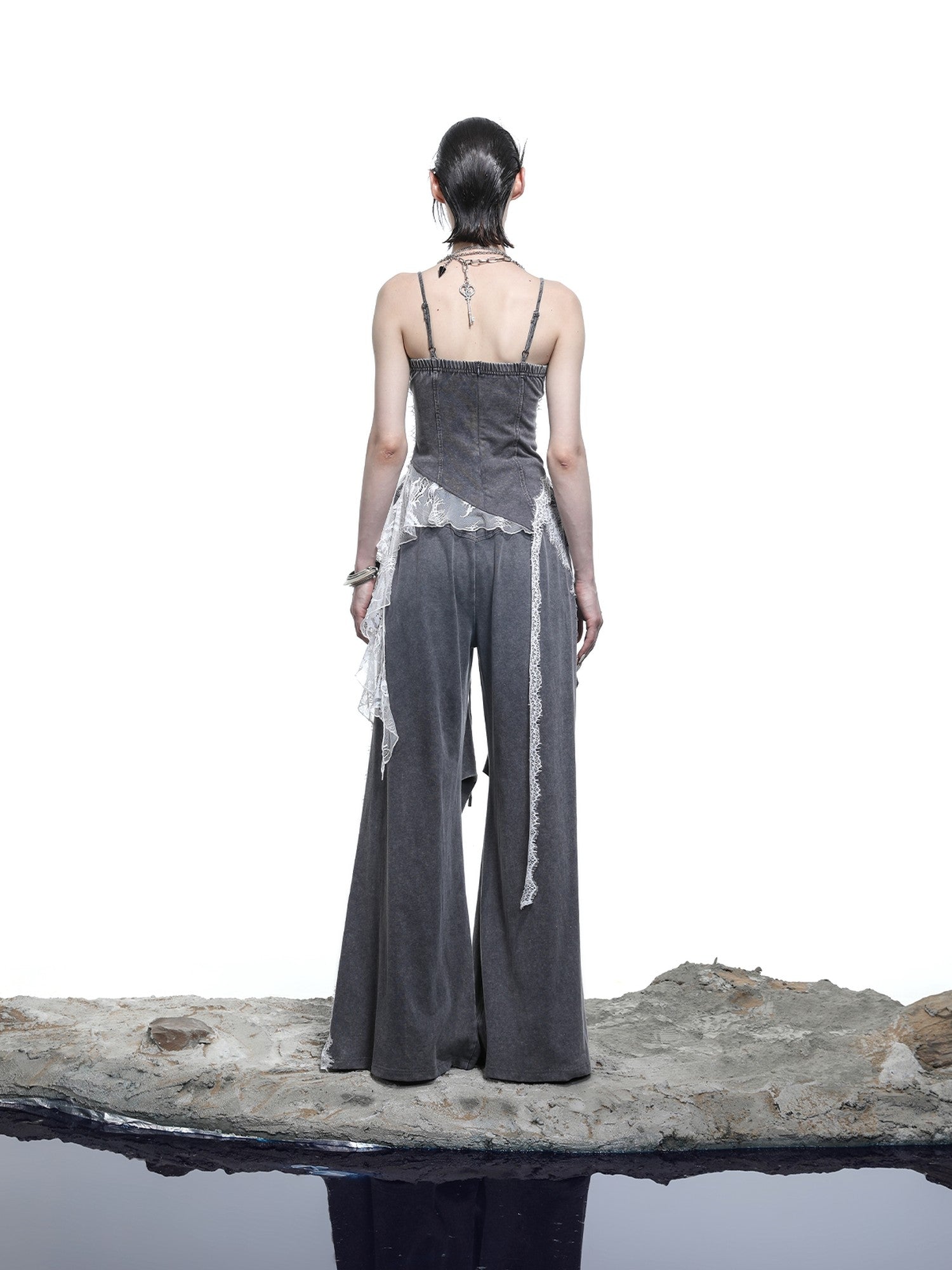 NORTH NODE Washed Casual Lace Panel Elastic Waist Women&