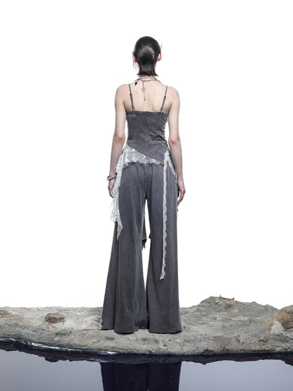 NORTH NODE Washed Casual Lace Panel Elastic Waist Women&