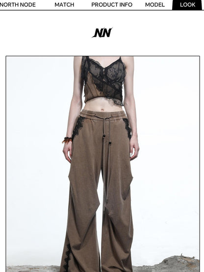 NORTH NODE Washed Casual Lace Panel Elastic Waist Women&