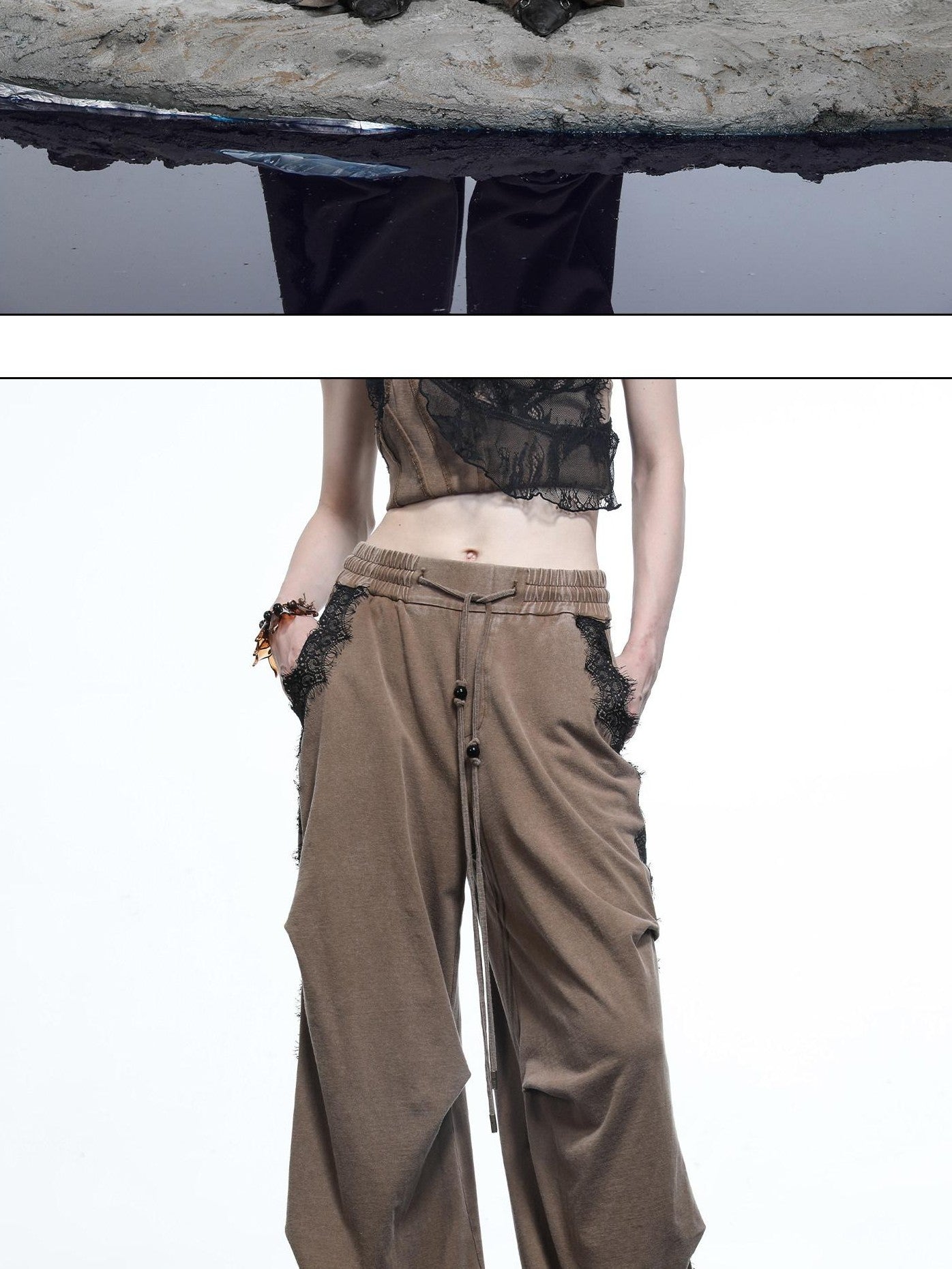 NORTH NODE Washed Casual Lace Panel Elastic Waist Women&