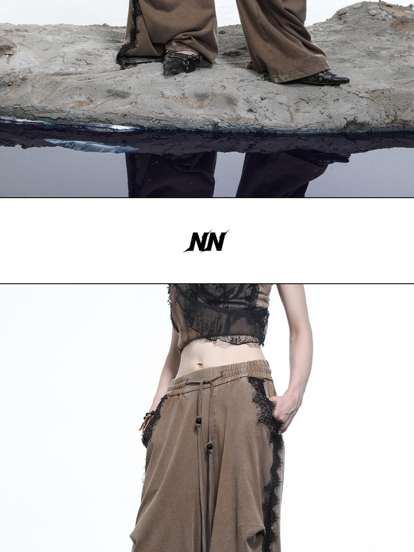 NORTH NODE Washed Casual Lace Panel Elastic Waist Women&