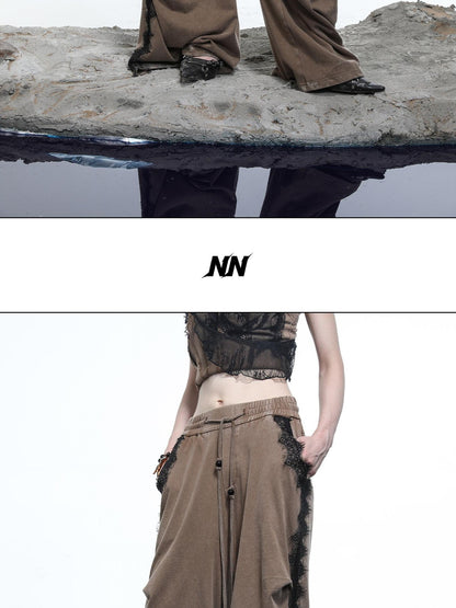 NORTH NODE Washed Casual Lace Panel Elastic Waist Women&