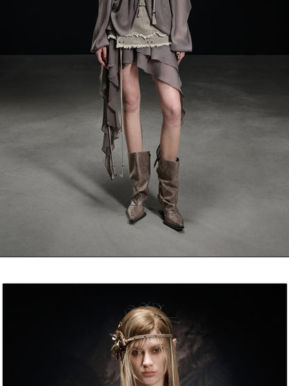 NORTH NODE Washed Colorblock Splice V-neck Bishop Sleeve Women&
