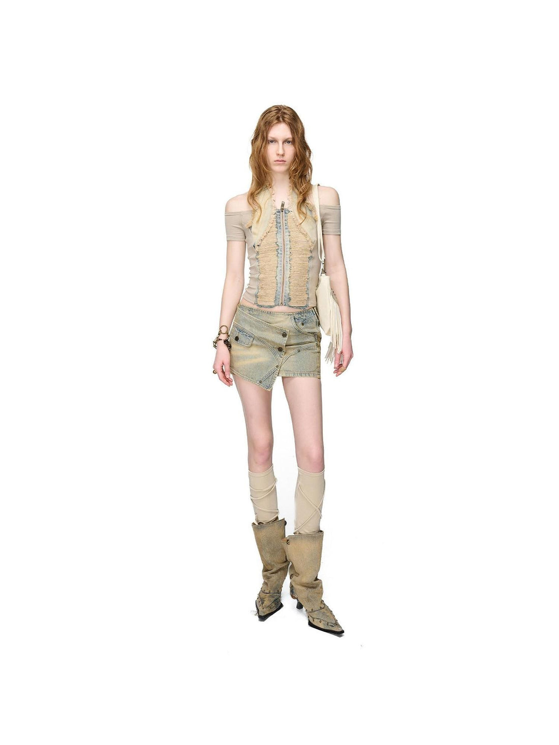 NORTH NODE Washed Denim Patchwork Distressed Women&