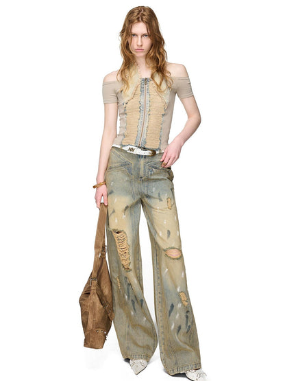 NORTH NODE Washed Denim Patchwork Distressed Women&