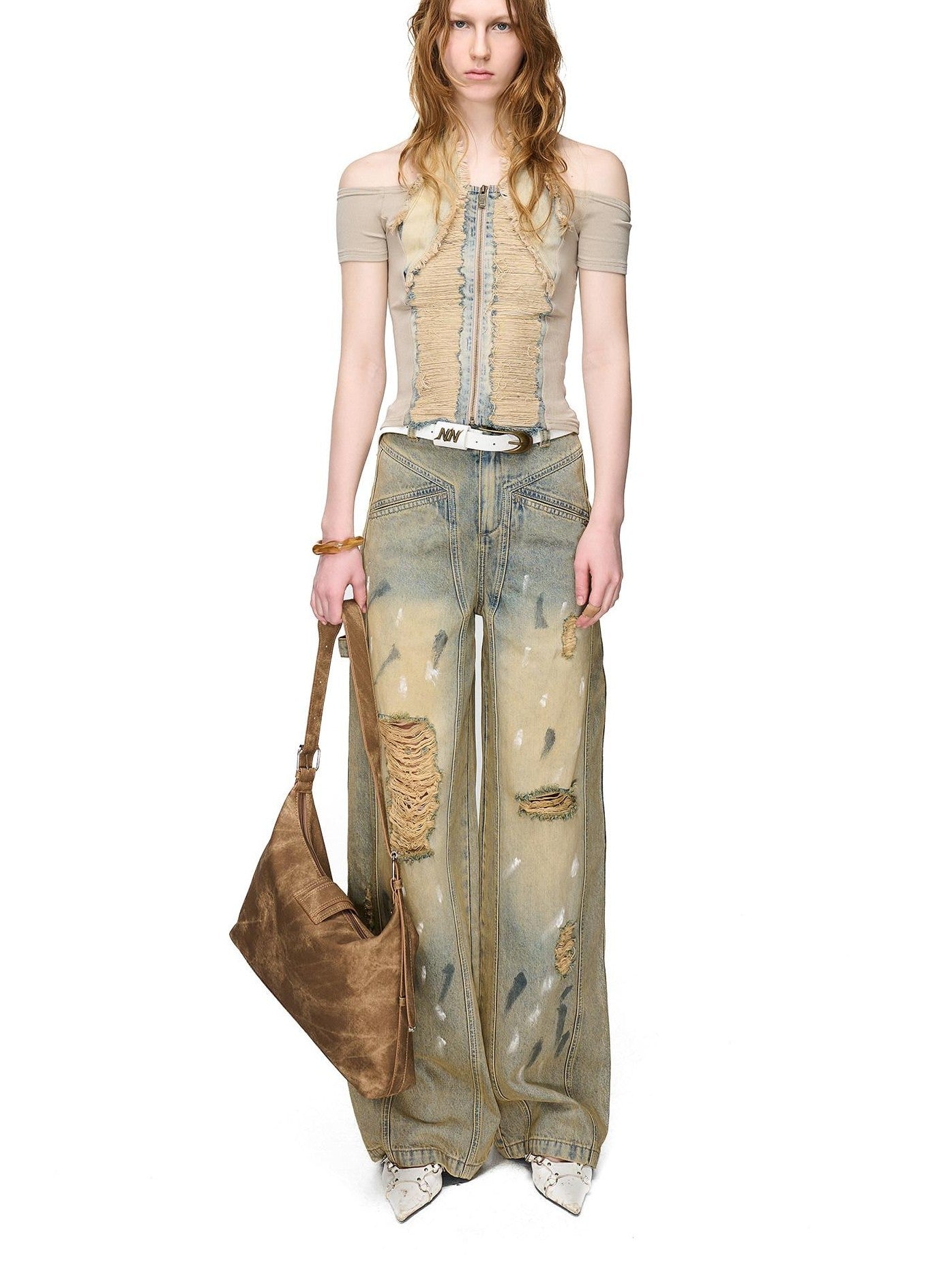 NORTH NODE Washed Denim Patchwork Distressed Women&
