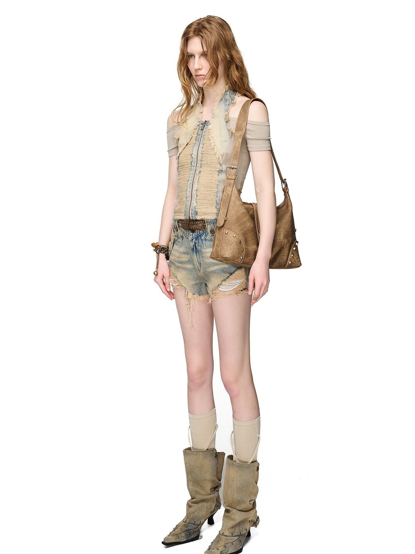 NORTH NODE Washed Denim Patchwork Distressed Women&