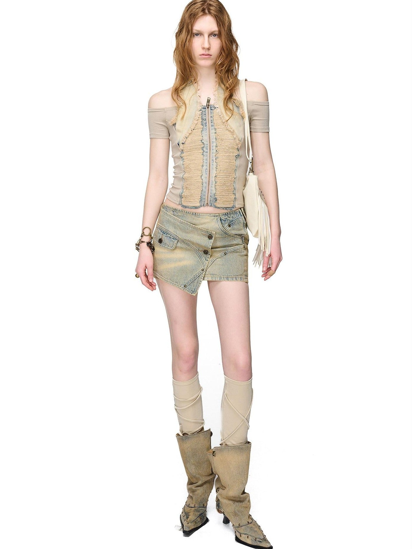 NORTH NODE Washed Denim Patchwork Distressed Women&