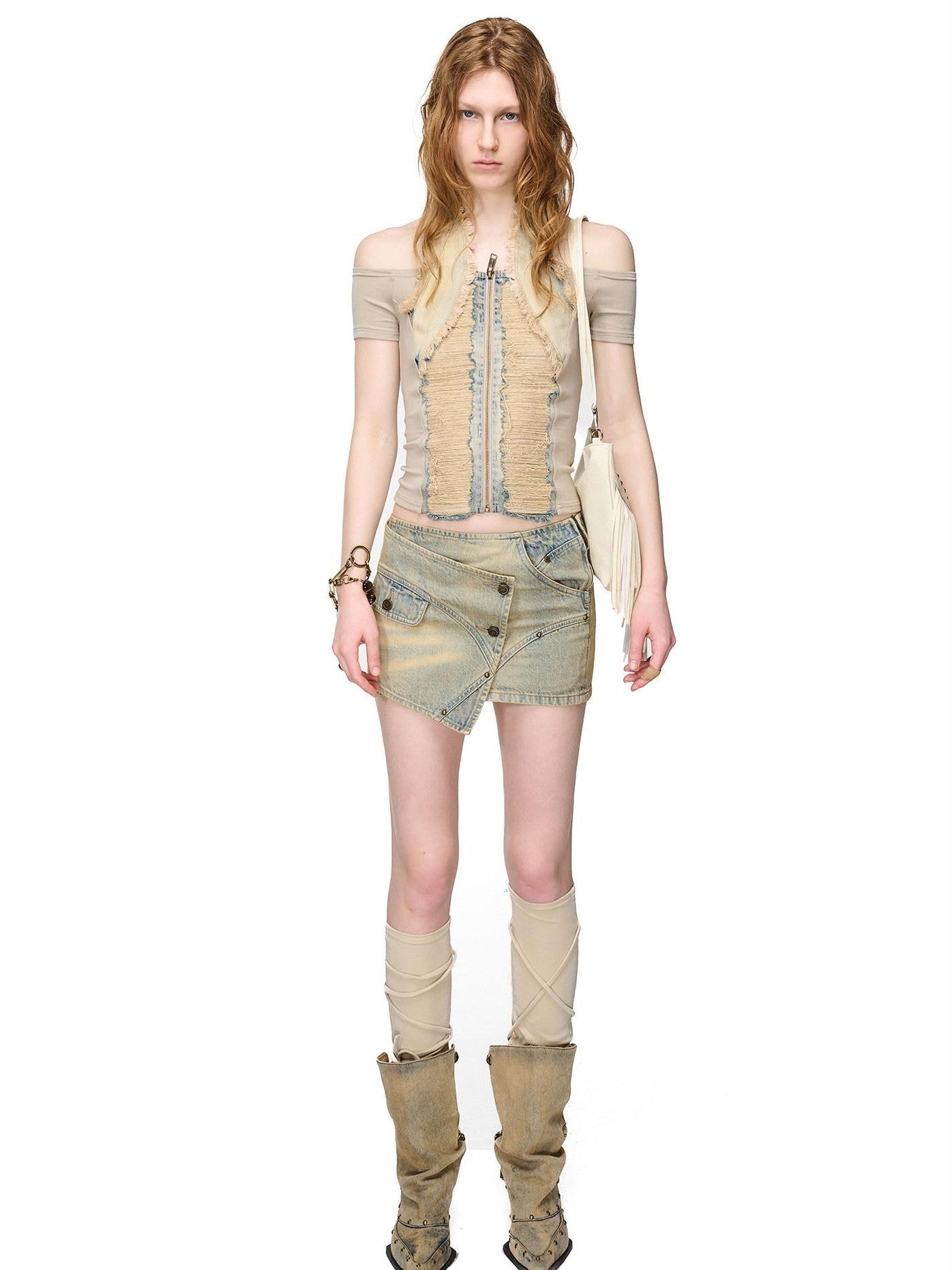 NORTH NODE Washed Denim Patchwork Distressed Women&