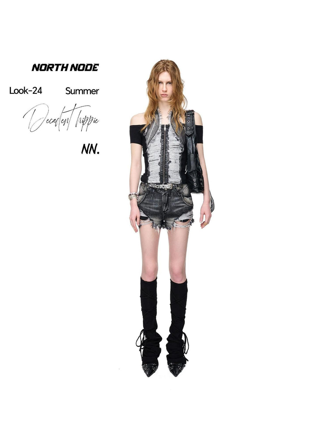 NORTH NODE Washed Denim Patchwork Distressed Women&