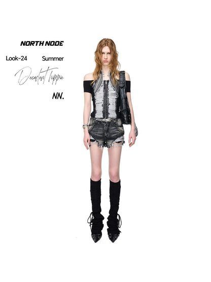 NORTH NODE Washed Denim Patchwork Distressed Women&