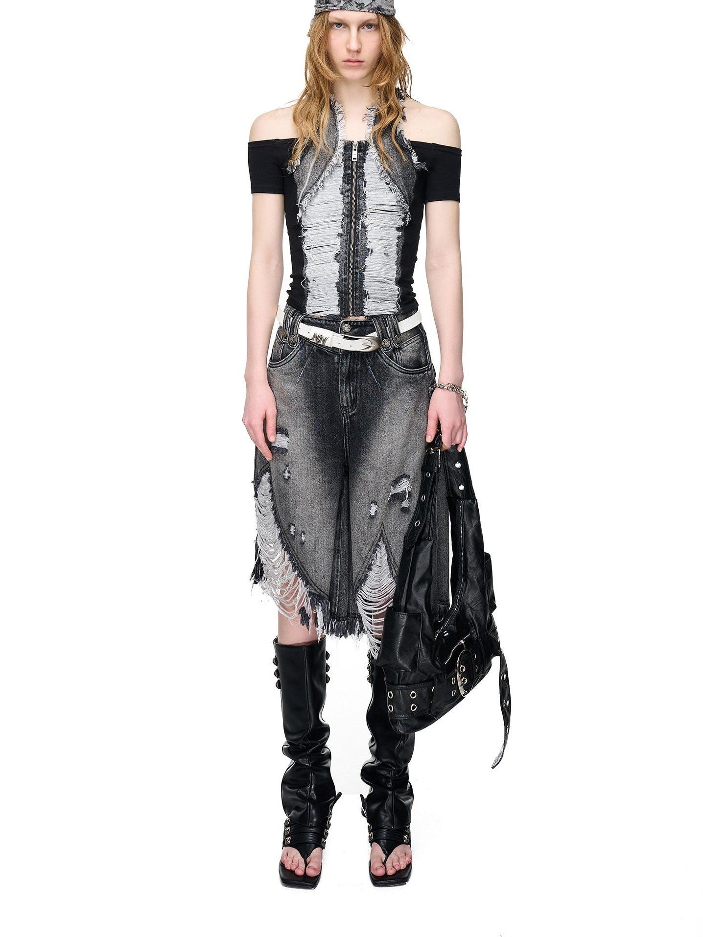 NORTH NODE Washed Denim Patchwork Distressed Women&