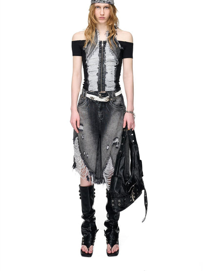 NORTH NODE Washed Denim Patchwork Distressed Women&