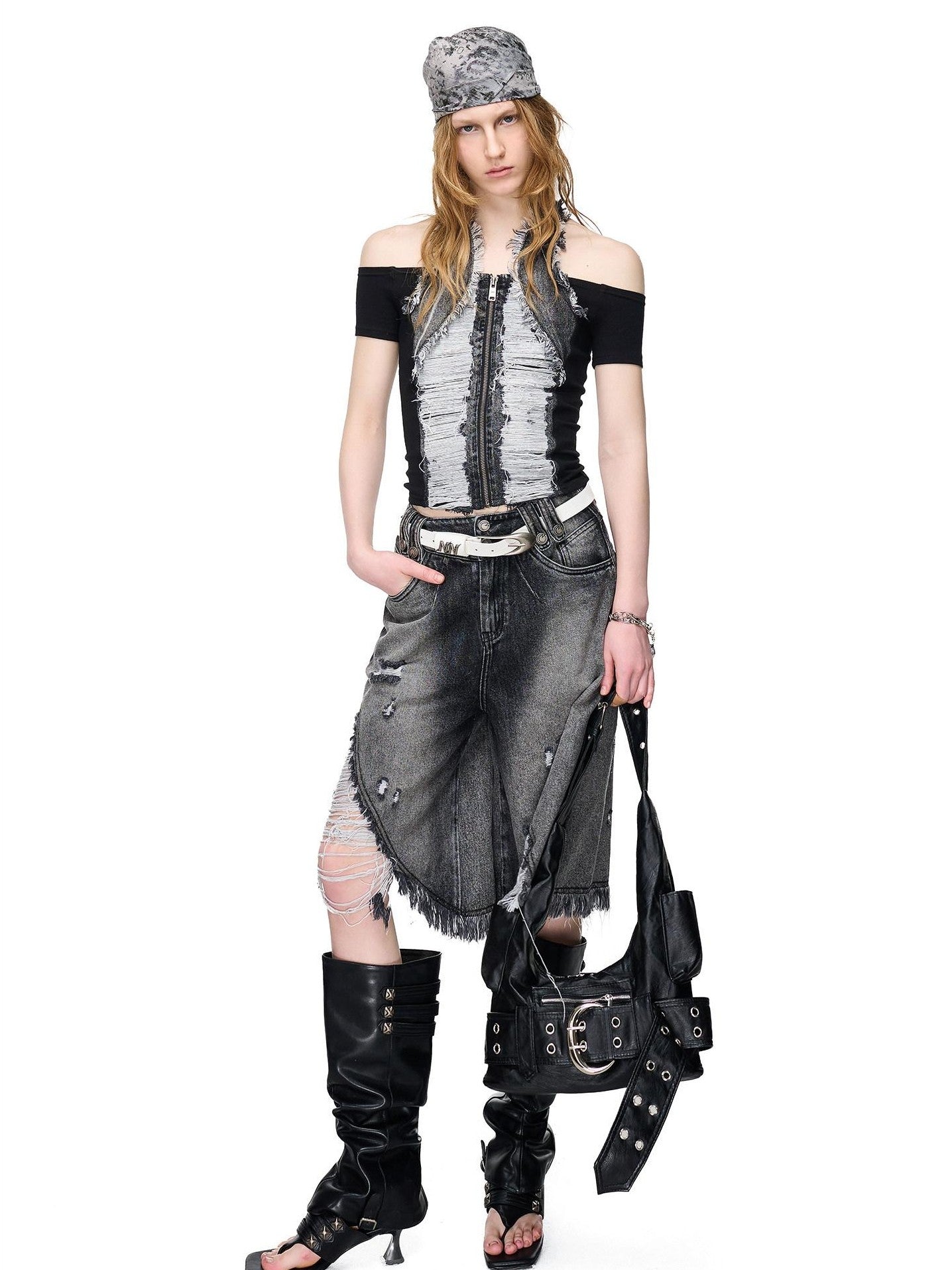 NORTH NODE Washed Denim Patchwork Distressed Women&