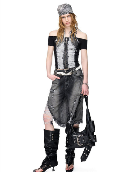 NORTH NODE Washed Denim Patchwork Distressed Women&