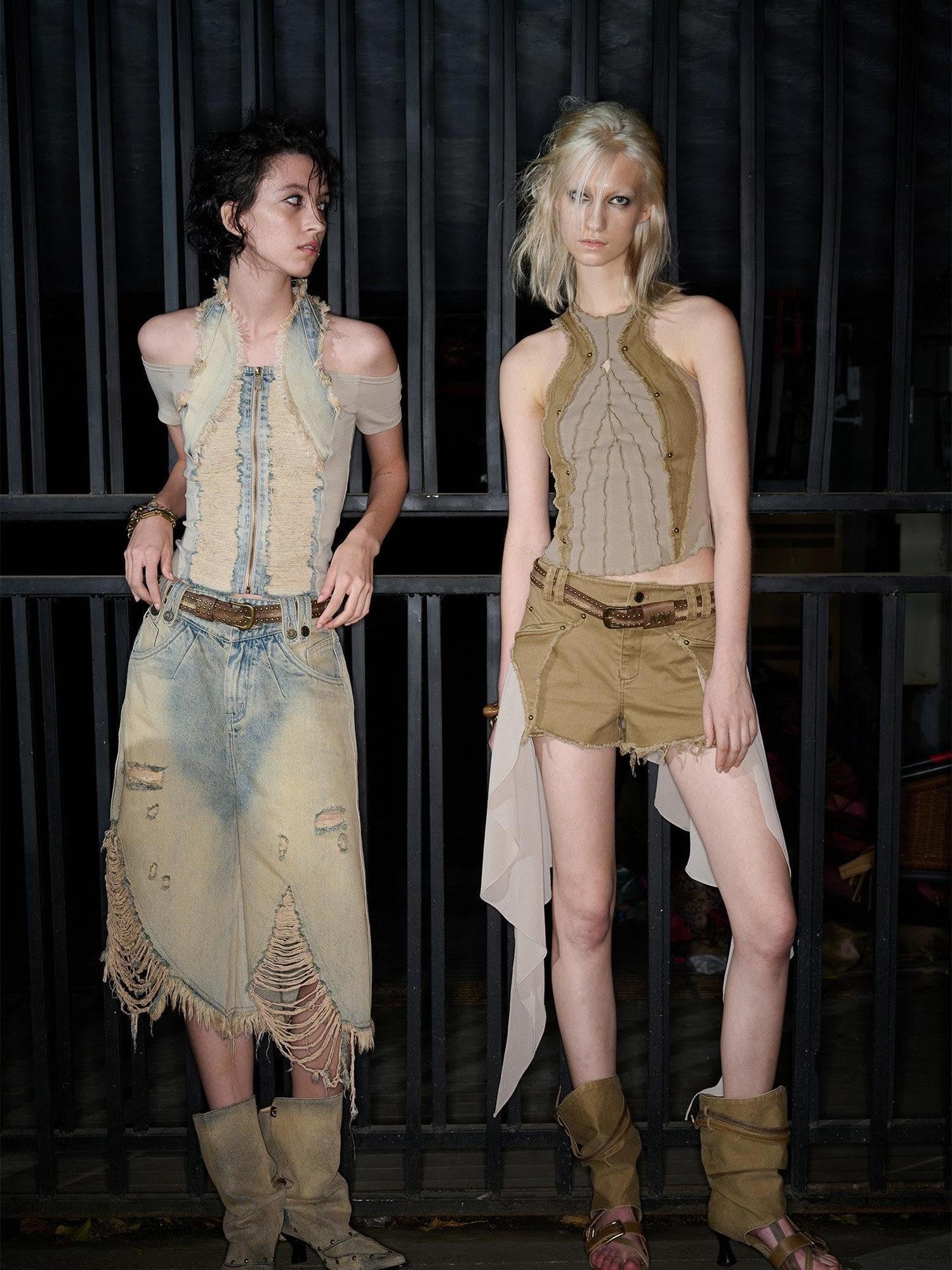 NORTH NODE Washed Denim Patchwork Distressed Women&