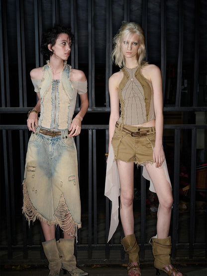 NORTH NODE Washed Denim Patchwork Distressed Women&