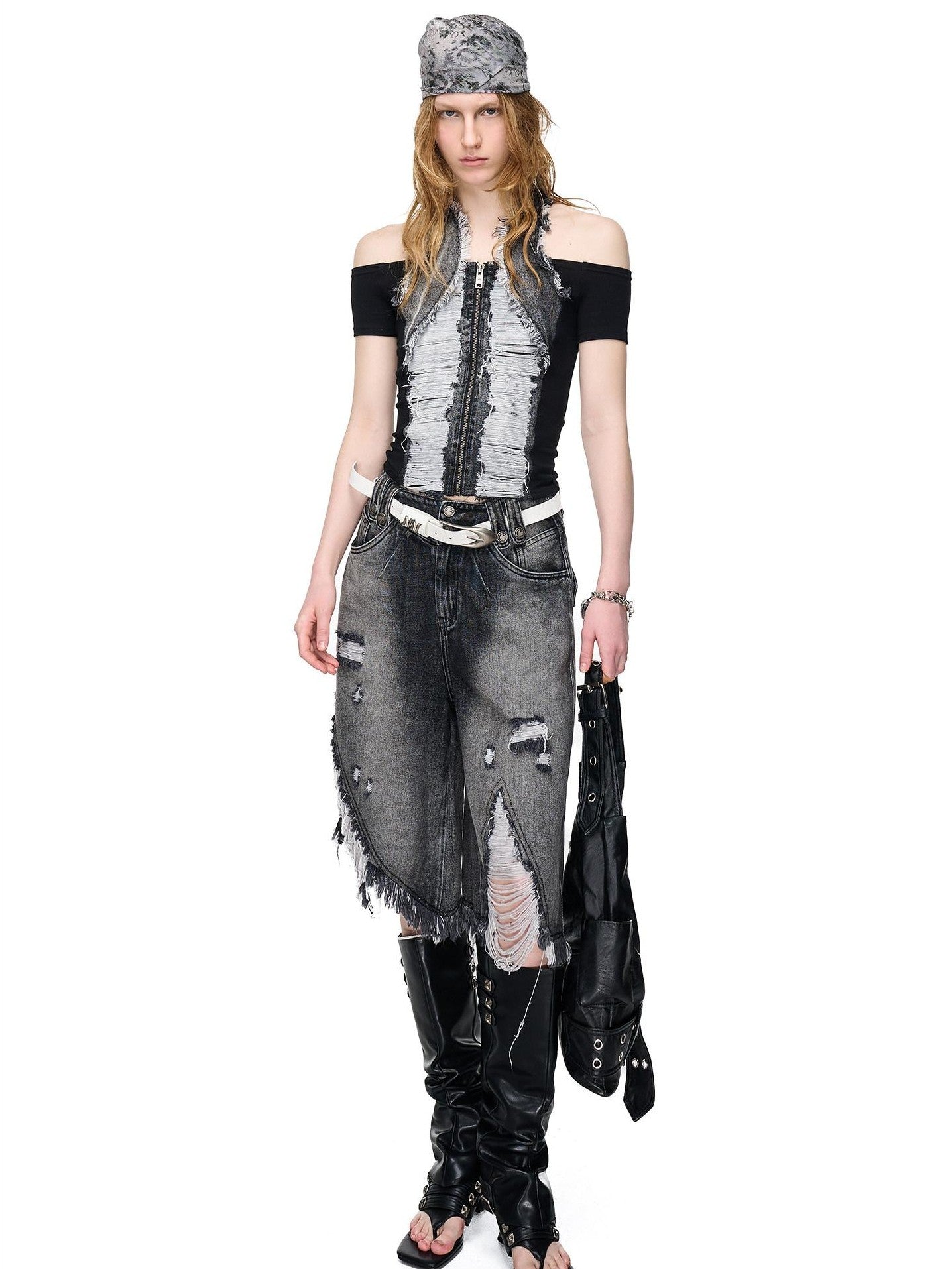 NORTH NODE Washed Denim Patchwork Distressed Women&