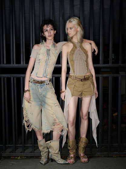NORTH NODE Washed Denim Patchwork Distressed Women&