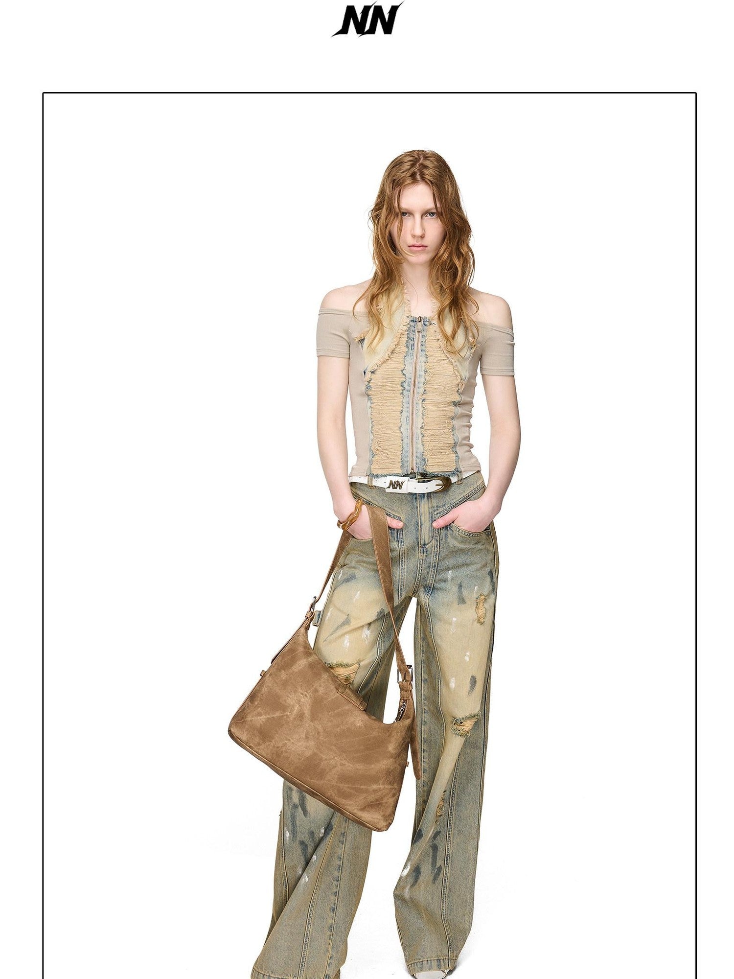 NORTH NODE Washed Denim Patchwork Distressed Women&