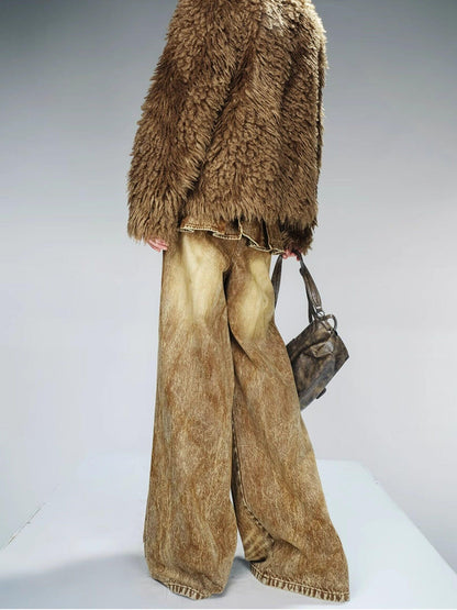 NORTH NODE Washed Denim Patchwork Faux Fur Women&