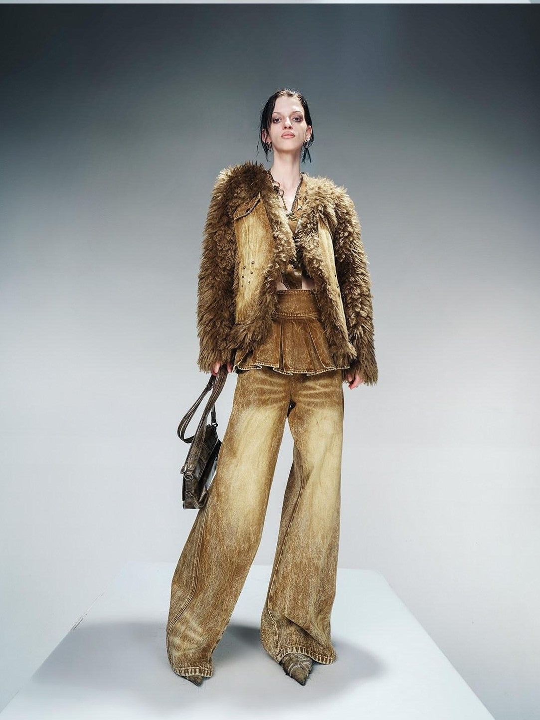 NORTH NODE Washed Denim Patchwork Faux Fur Women&