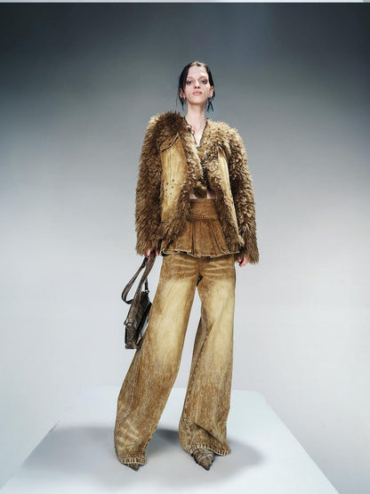 NORTH NODE Washed Denim Patchwork Faux Fur Women&