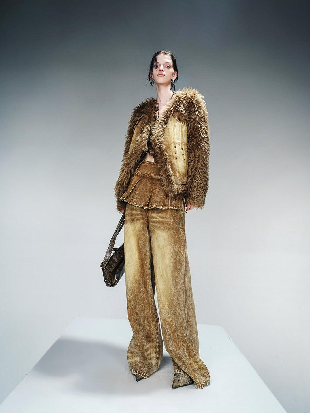 NORTH NODE Washed Denim Patchwork Faux Fur Women&