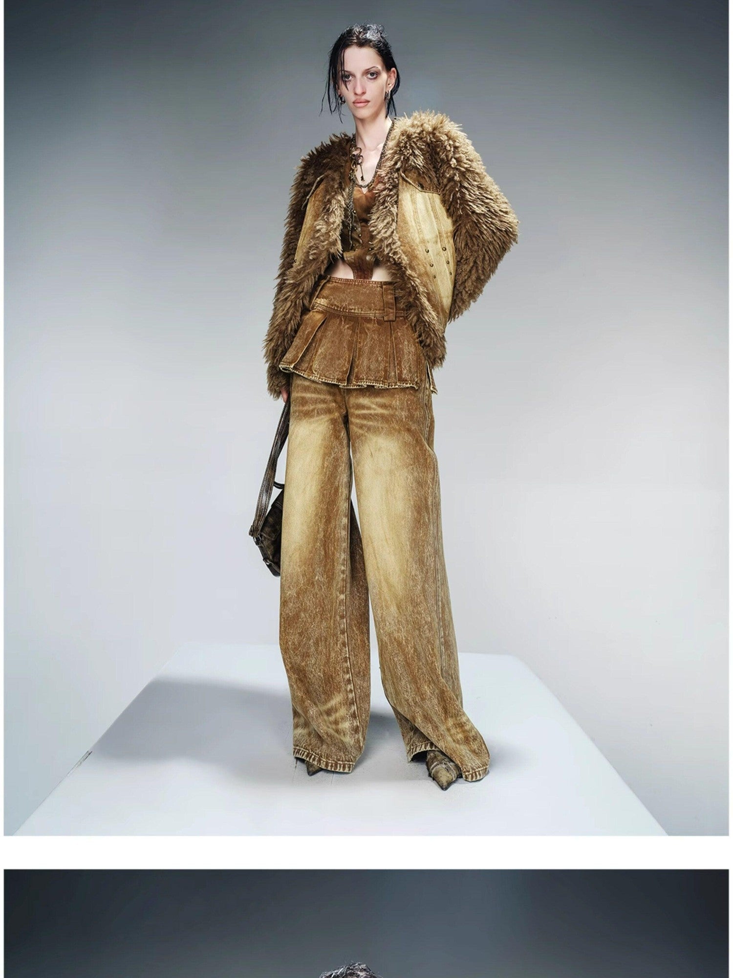 NORTH NODE Washed Denim Patchwork Faux Fur Women&