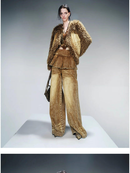 NORTH NODE Washed Denim Patchwork Faux Fur Women&