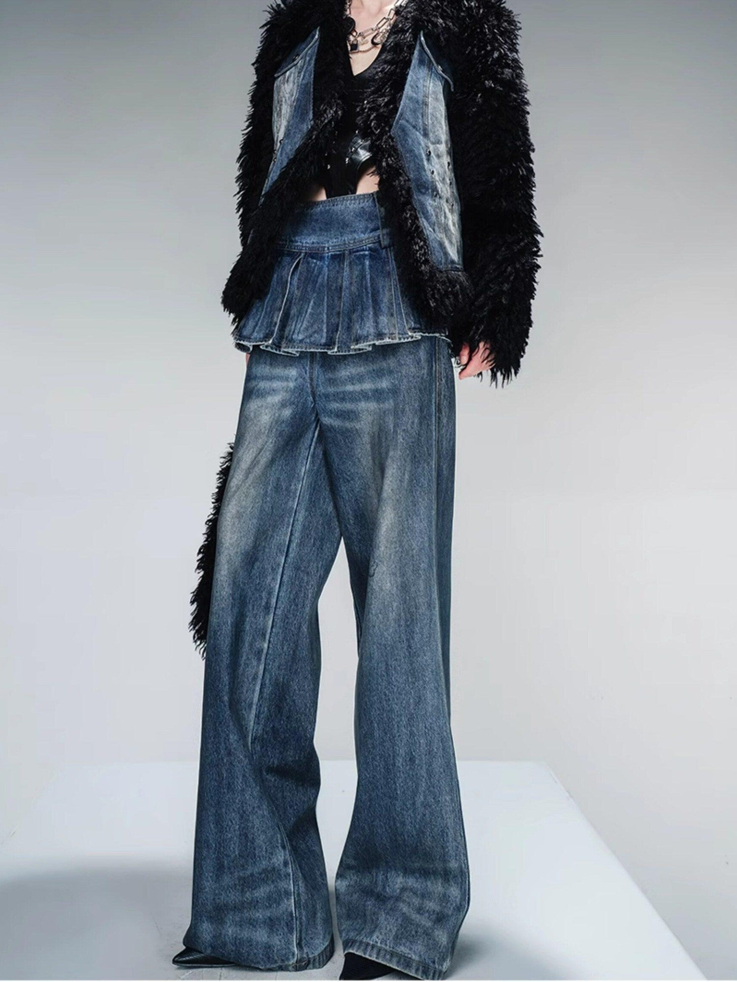 NORTH NODE Washed Denim Patchwork Faux Fur Women&