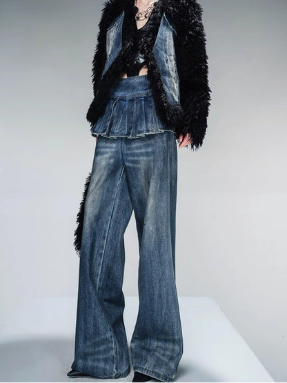NORTH NODE Washed Denim Patchwork Faux Fur Women&