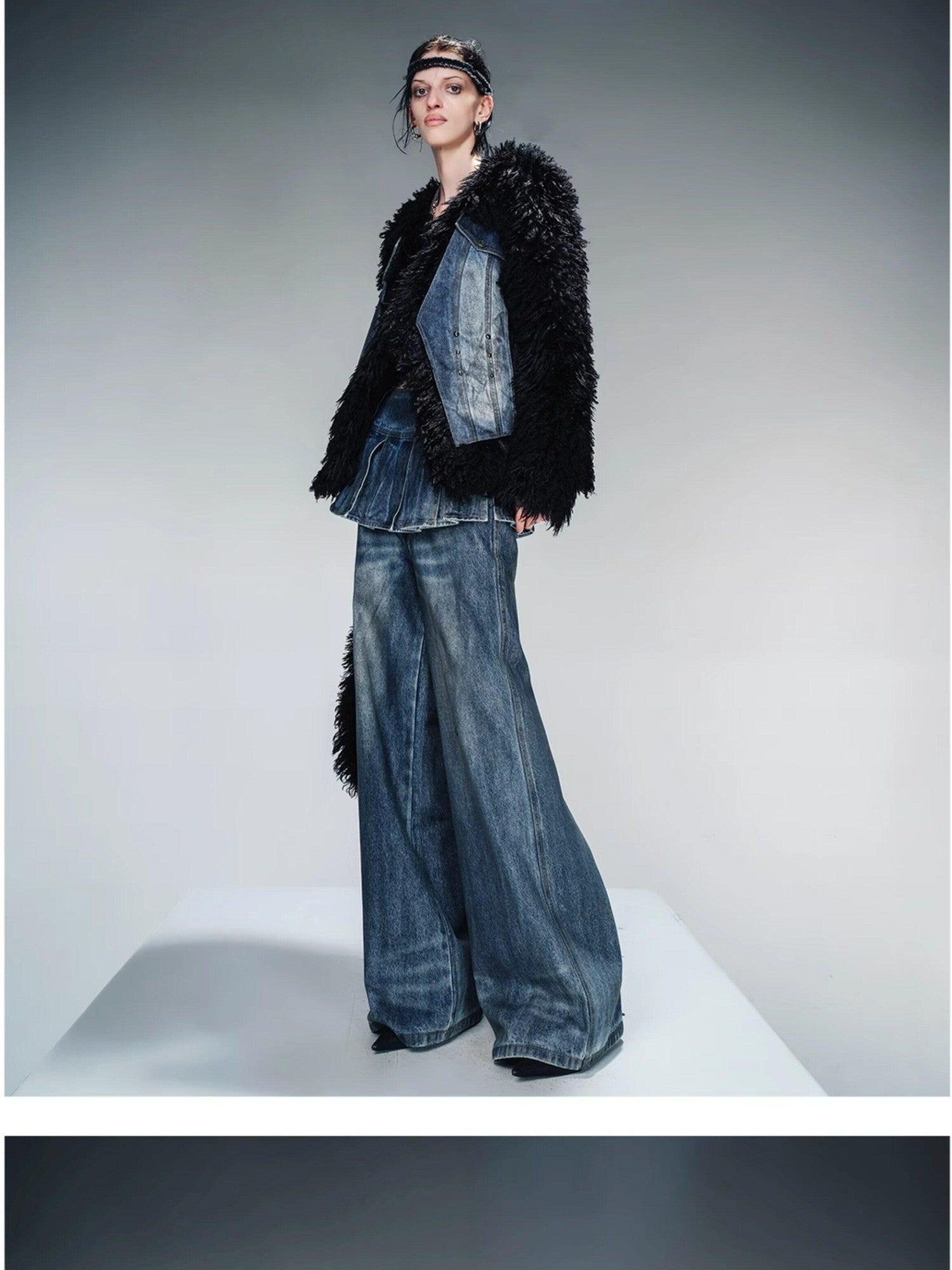 NORTH NODE Washed Denim Patchwork Faux Fur Women&