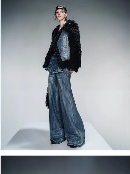 NORTH NODE Washed Denim Patchwork Faux Fur Women&