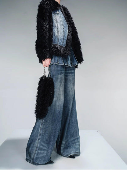 NORTH NODE Washed Denim Patchwork Faux Fur Women&
