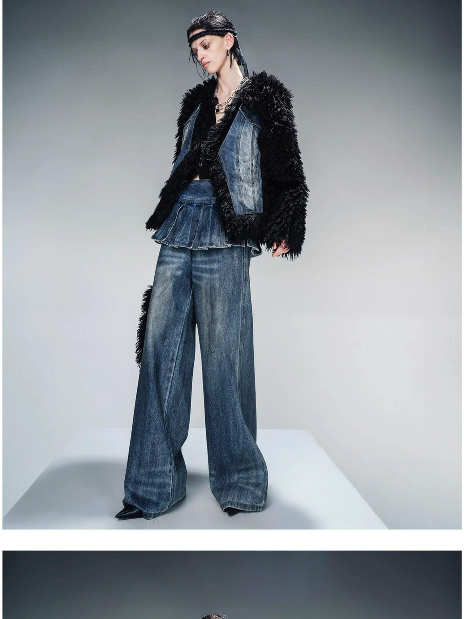NORTH NODE Washed Denim Patchwork Faux Fur Women&