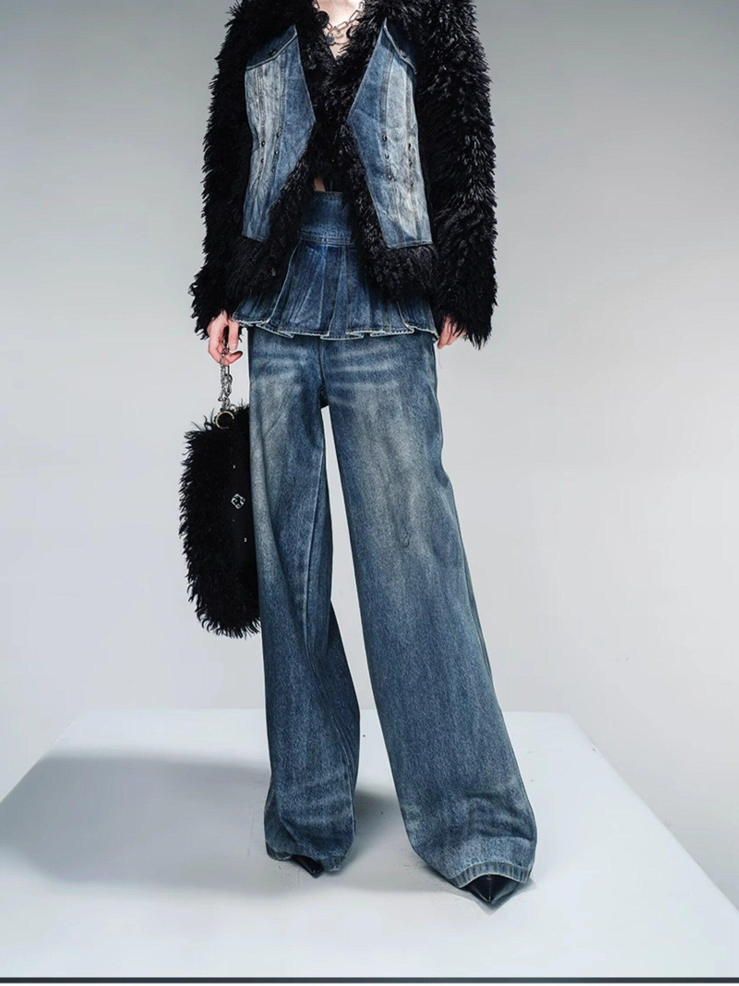 NORTH NODE Washed Denim Patchwork Faux Fur Women&