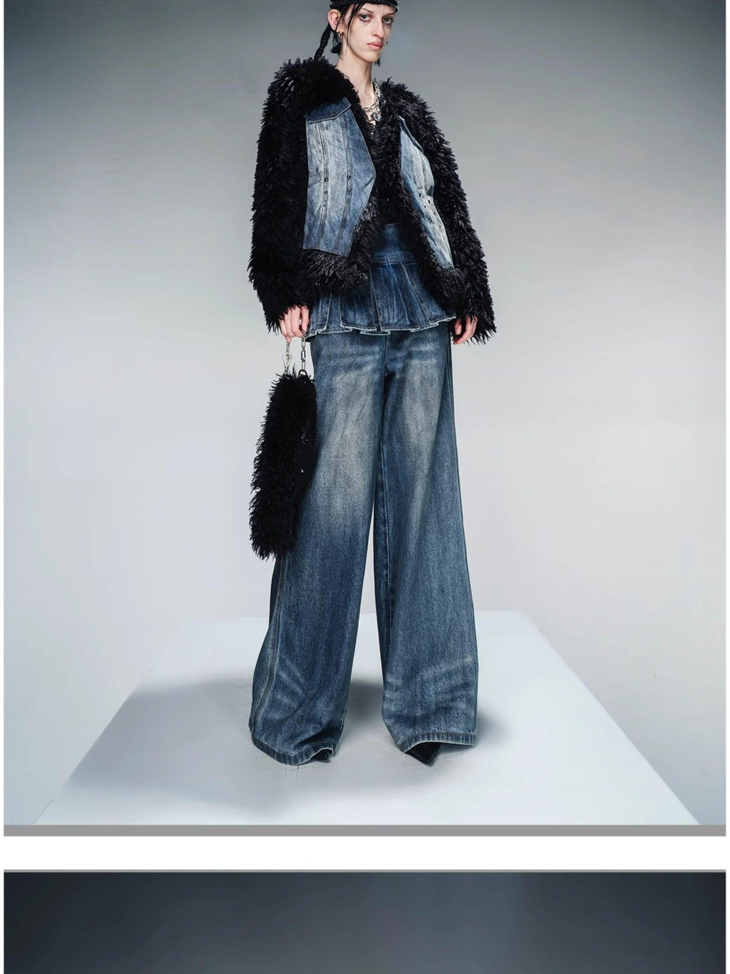 NORTH NODE Washed Denim Patchwork Faux Fur Women&