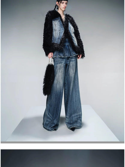 NORTH NODE Washed Denim Patchwork Faux Fur Women&