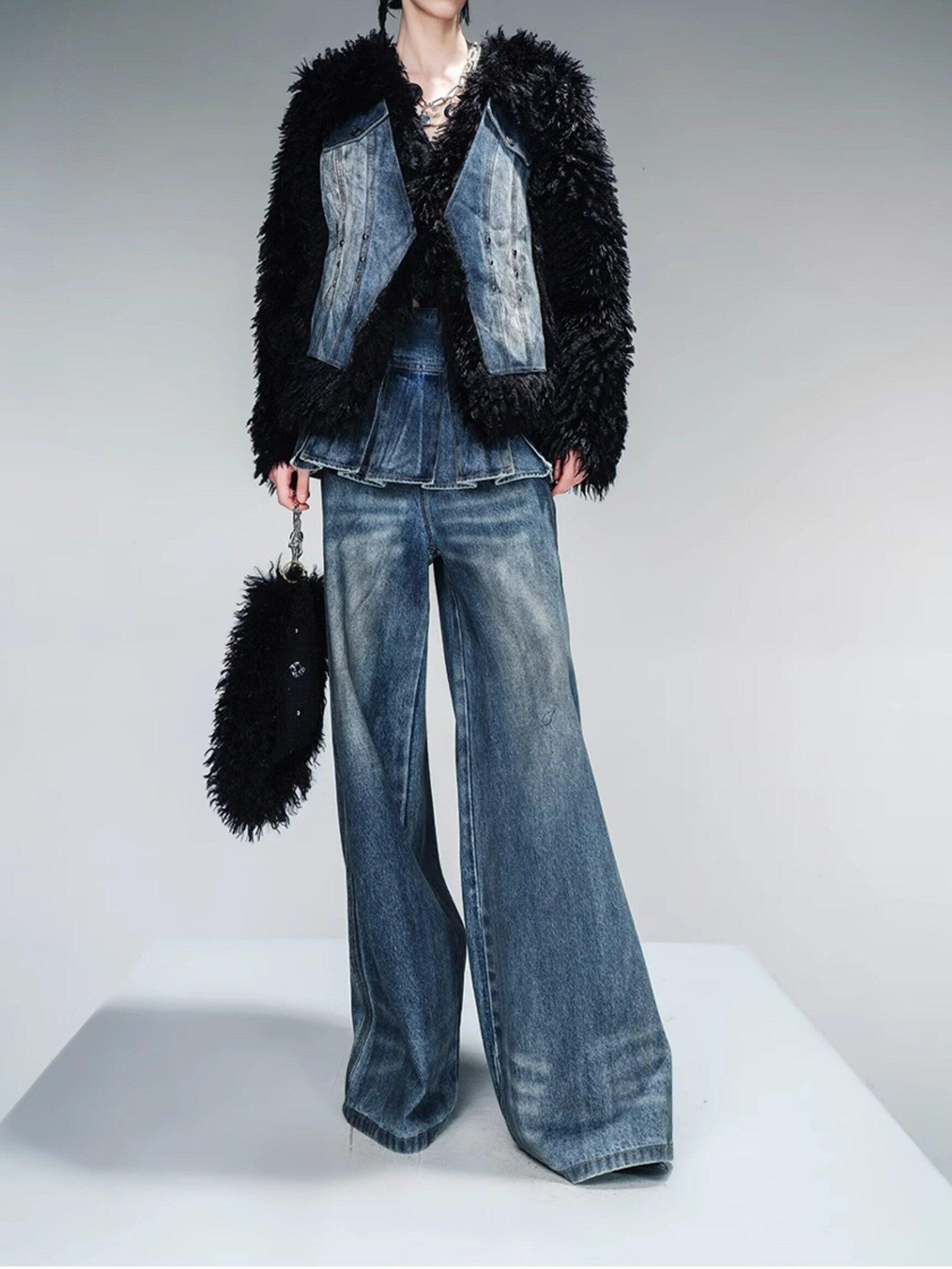 NORTH NODE Washed Denim Patchwork Faux Fur Women&