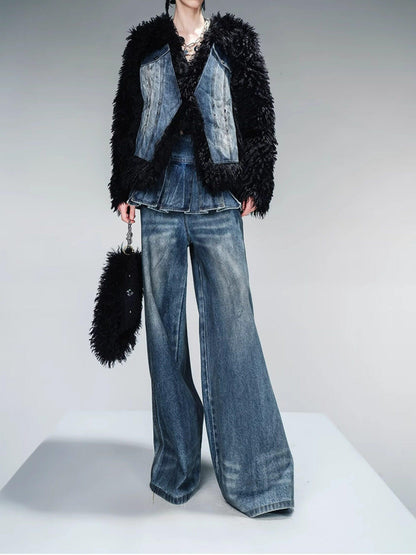 NORTH NODE Washed Denim Patchwork Faux Fur Women&