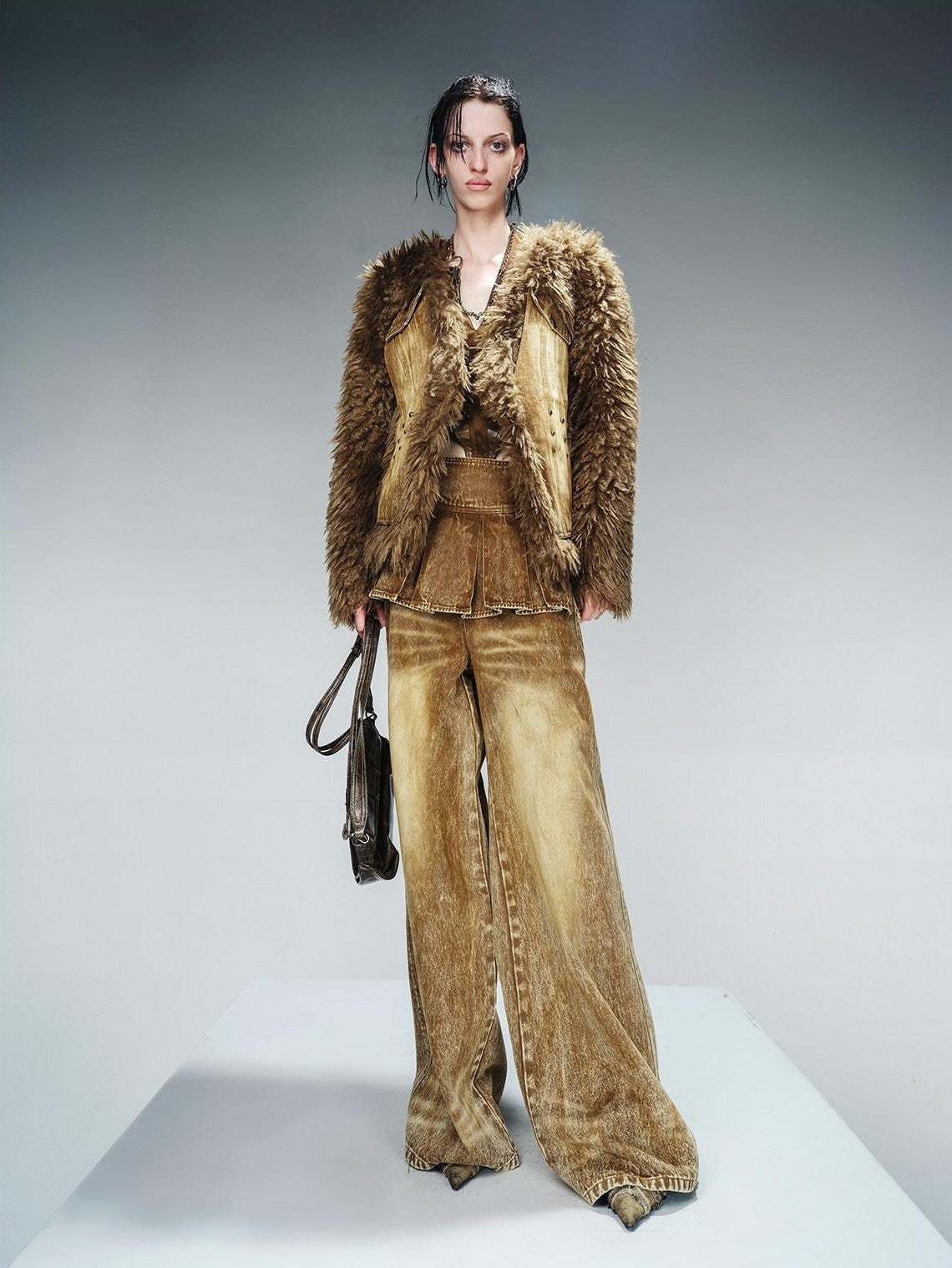 NORTH NODE Washed Denim Patchwork Faux Fur Women&