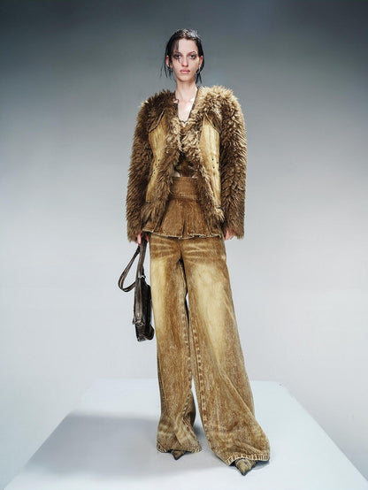 NORTH NODE Washed Denim Patchwork Faux Fur Women&