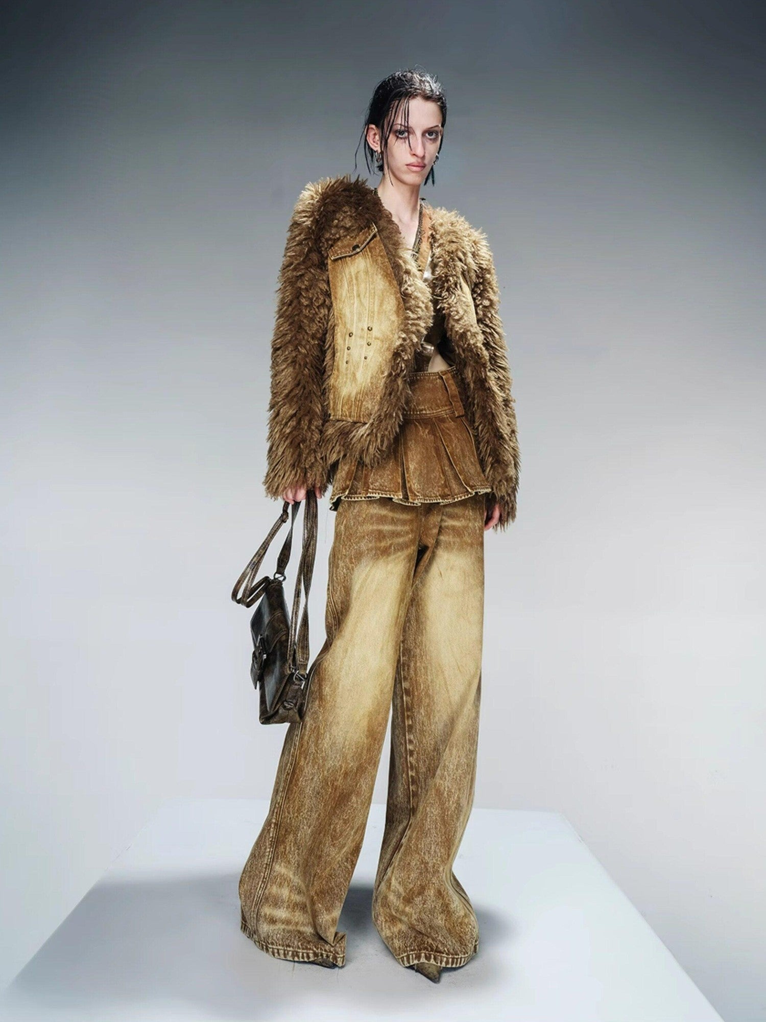 NORTH NODE Washed Denim Patchwork Faux Fur Women&