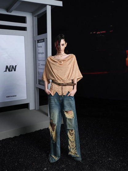 NORTH NODE Washed Denim Zipper Cinched Waist Slimming Women&