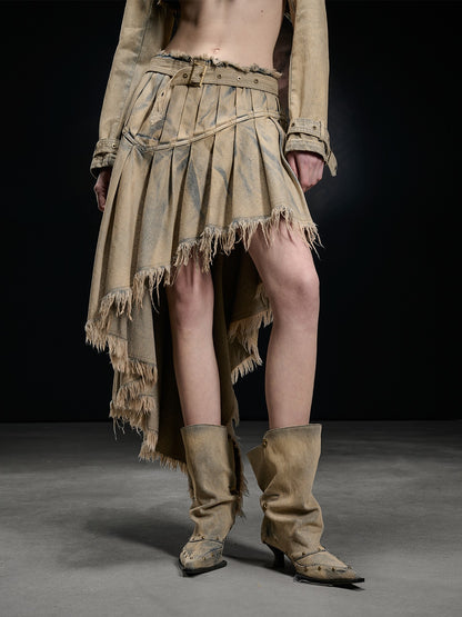 NORTH NODE Washed Distressed Asymmetric Frayed Hem Women&